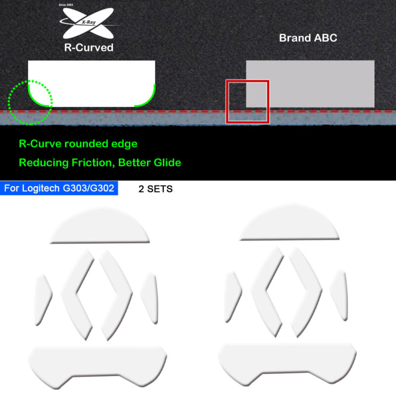 R curved mouse skates for Logitech G302 & G303 mouse