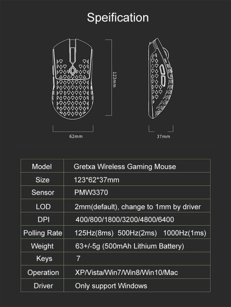 Vancer Gretxa Wireless Gaming Mouse – PMW3370 – X-raypad
